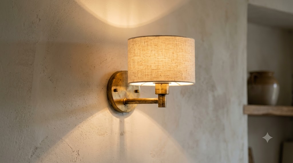 Unlacquered Brass Sconces with Linen Drum Shades